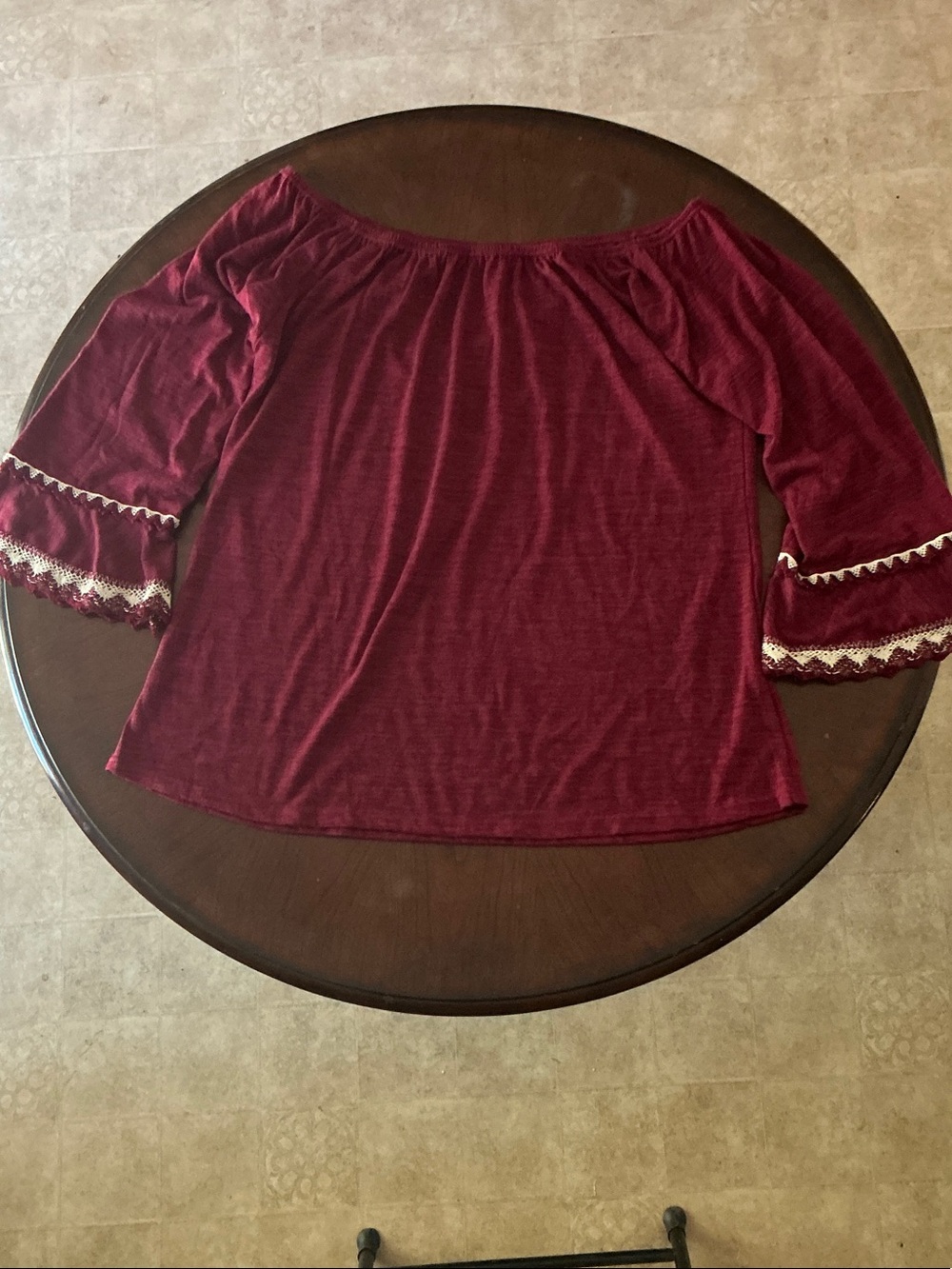 WinWin - Off-Shoulder Burgundy Tunic with Crochet Bell Sleeves